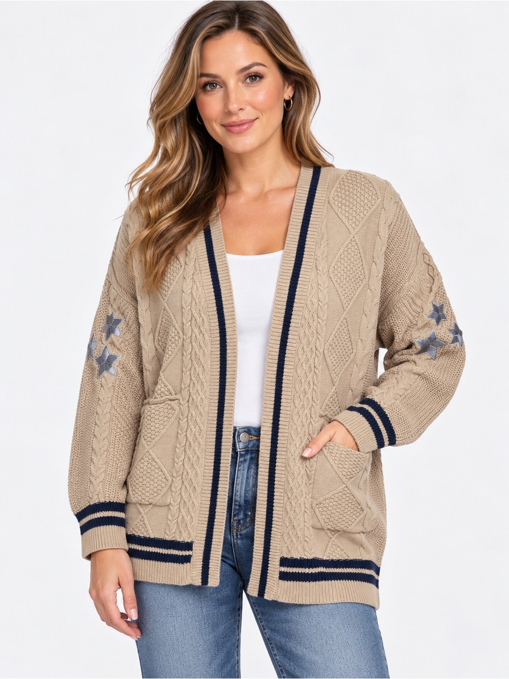 Altar’d State Tan Cable Knit Varsity Cardigan Star Embroidered Size S